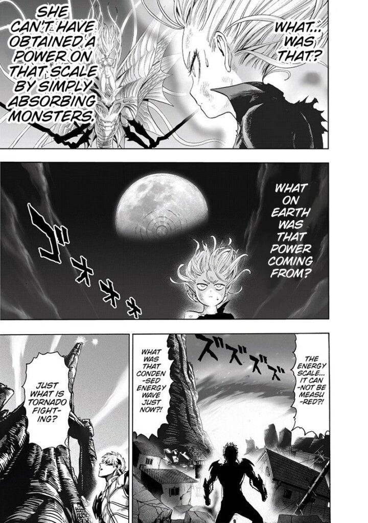 Tatsumaki looks at Psykos and analyzes the situation while under the moon with strange ripples. Genos looks up at the tower.