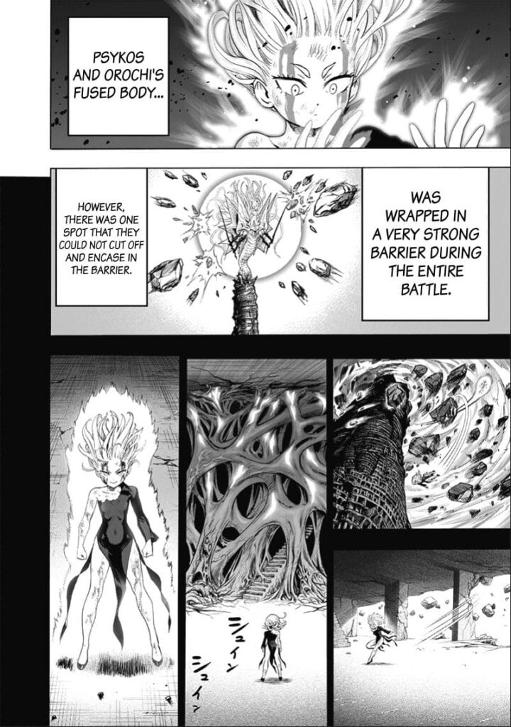 Tatsumaki shows how she managed to get inside Psyko's body from the bottom of the tower, where there is no barrier.