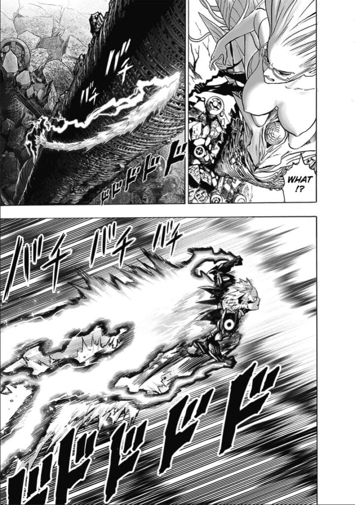 Psykos, now back to being sexy, looks below and sees Genos speeding up, covered in lightning.