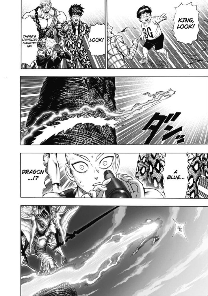 Tareo and Snek saw someone climbing up. Lightning Max uses a telescope to see Genos catching Tatsumaki.