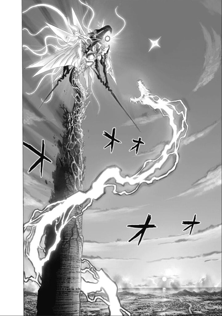 Genos' lightning energy forms a dragon facing Orochi+Psykos, who is now preparing to fire at Tatsumaki.
