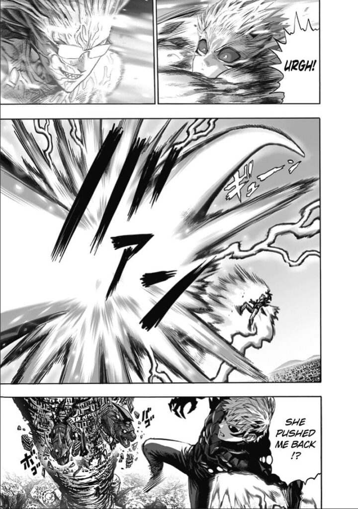 Genos is surprised after Psykos pushes her back with her energy blast. He notices snake monsters appear on the tower.