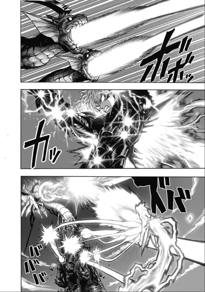 The snake monsters fire at Genos. Genos dodges and counters them while also firing a huge blast to deflect Psykos' attack.