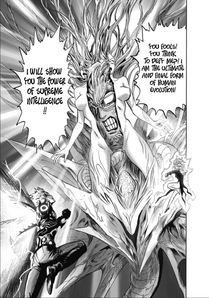 Genos and Tatsumaki face in front of the now ugly monster Orochi+Psykos.