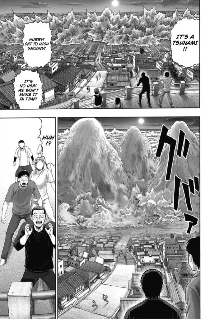 Cut to another scene, some citizens look at the tsunami and see three huge bulges emerge covered in water.