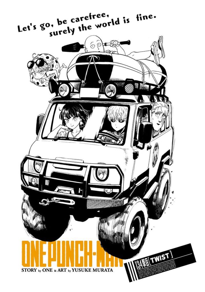 Fubuki, Saitama, King, and Tatsumaki ride a mini truck with Genos as their driver in this cover photo.