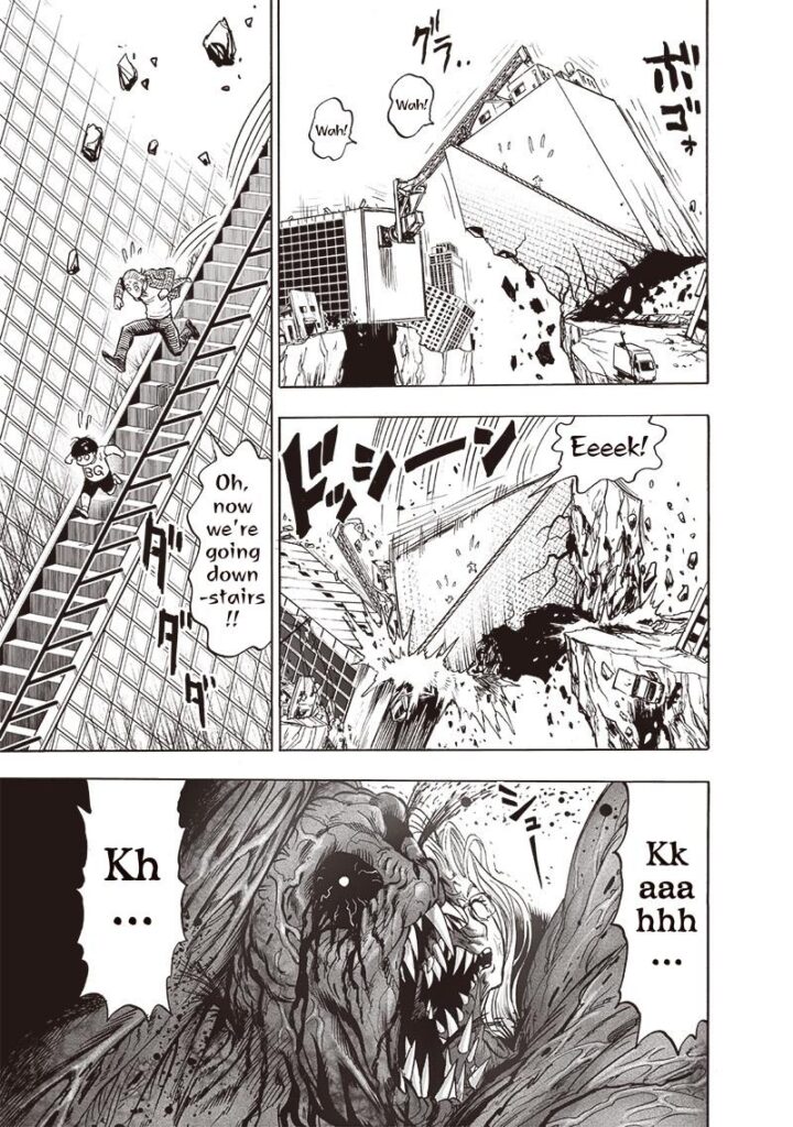 King and Tareo run on the stairs, and the stairs start breaking. Monster Psykos is bleeding.