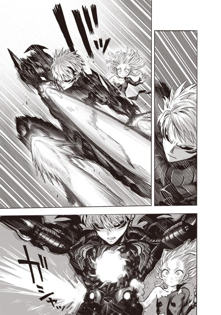 Genos suddenly moves in front of her, trying to protect her from the attack.