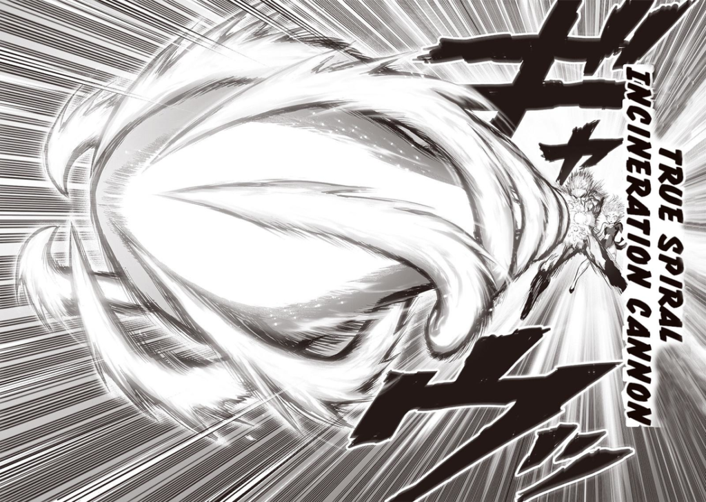 Genos fires an energy blast called "True Spiral Incineration Cannon" while Tatsumaki is behind him.