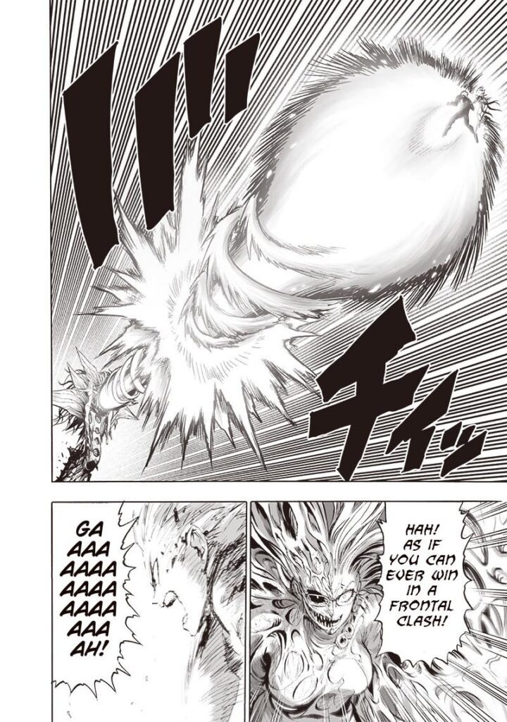 Genos and Psykos, who now look ugly, watch as their energy blasts collide, creating a blinding light.