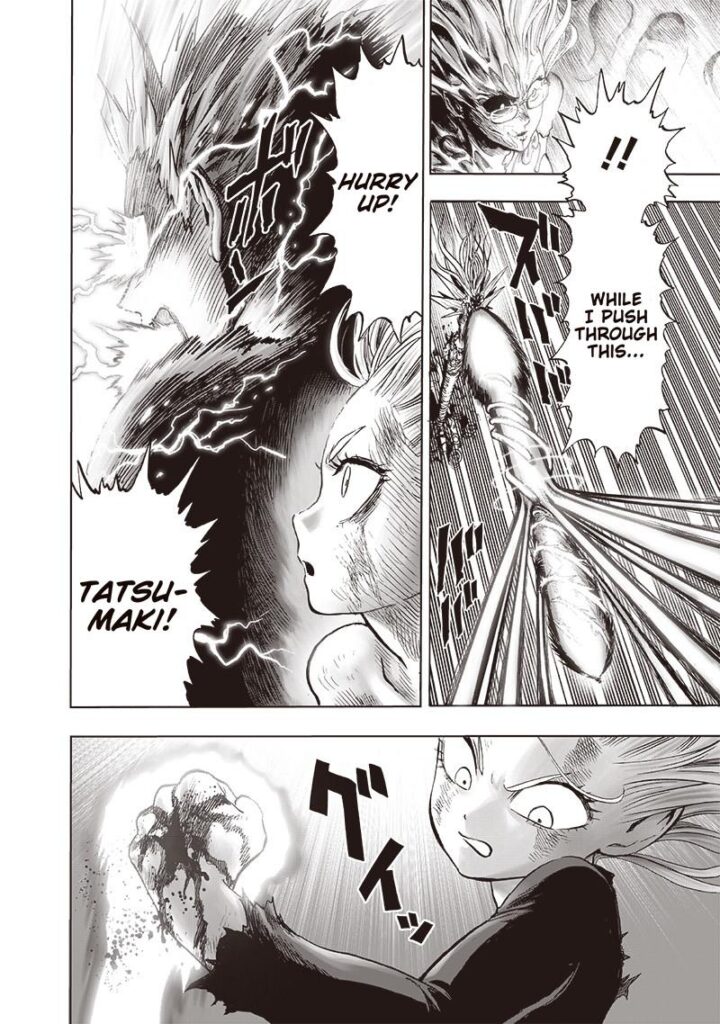 Psykos notices she is getting pushed. Genos powers up more, and Tatsumaki prepares to launch an attack.