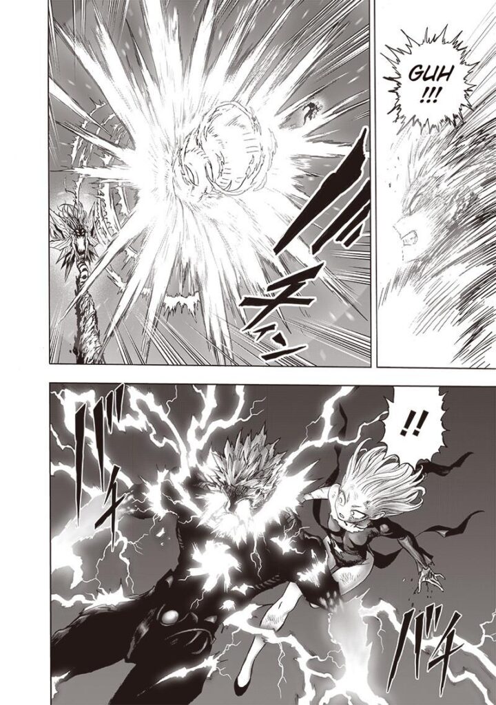 Both the energy blasts stop, and Genos's body glows while lightning comes out of him.