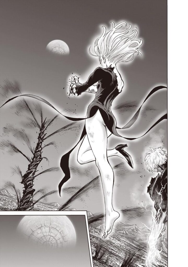 Tatsumaki wrings the city and tower as it squirts Blood while Geno's hovers beside him with the moon above.