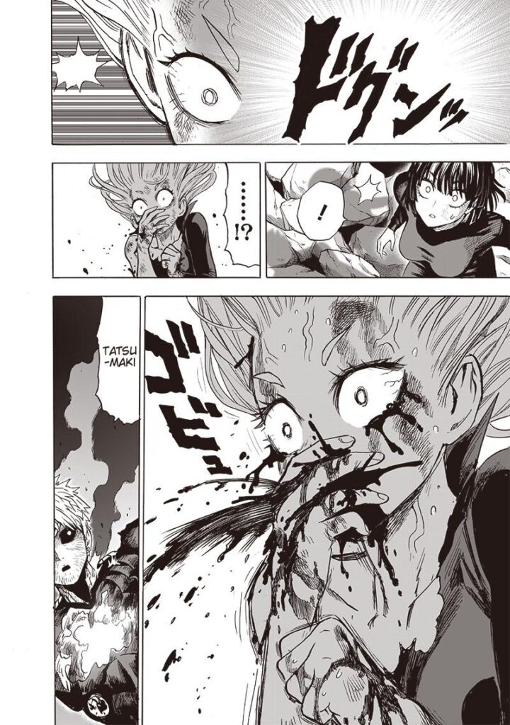 Tatsumaki covers her mouth as she starts vomiting Blood. Fubuki and Genos notice her.