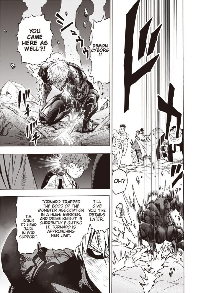 Other heroes notice Genos lands nearby. He updates them with them about Tatsumaki approaching her limits.