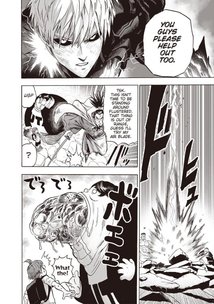 Genos asks for their help as he starts flying off. Pig God vomits some humans.