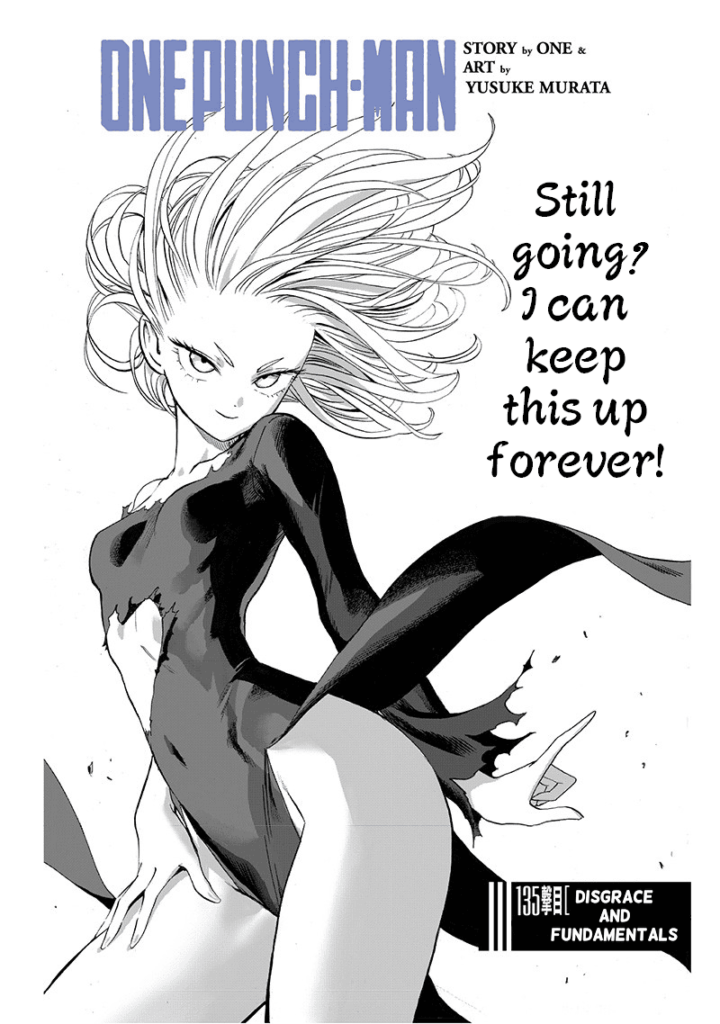 Tatsumaki, with her semi-worn-out clothes, is standing and flicking his finger while making a sexy pose in this cover image.