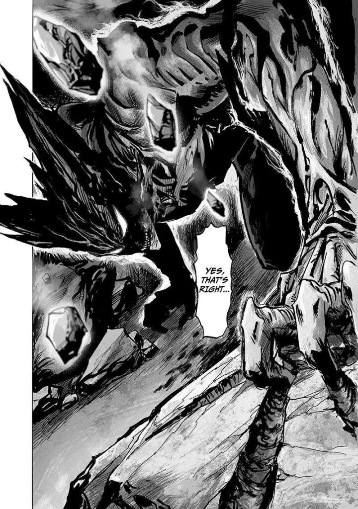 Garou is now covered in aura as he starts moving in a very menacing, evil look.