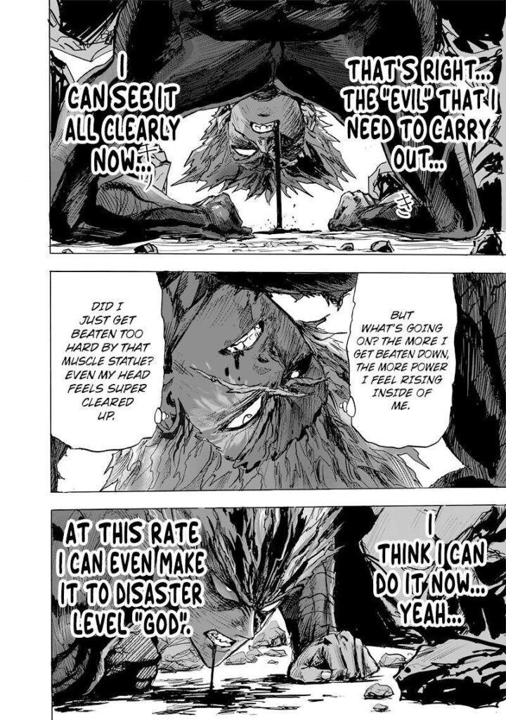 Garou starts crawling while realizing he has become stronger and his mind clearer.