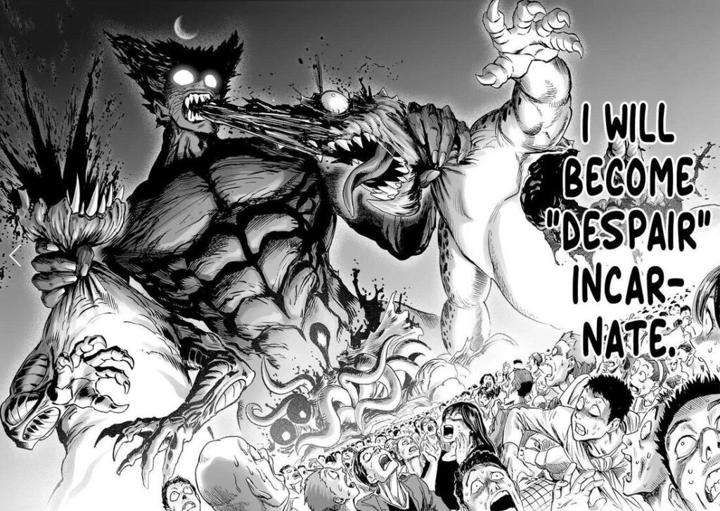 Garou imagines eating the three monsters while holding them. People before him run in despair.