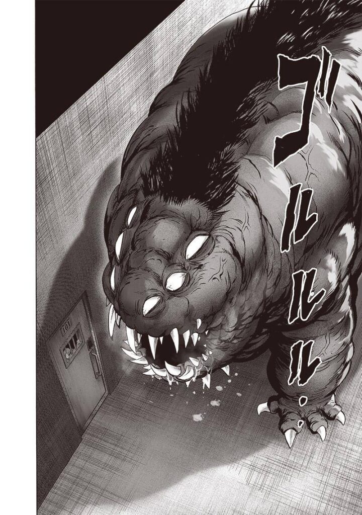 The huge monster with six eyes, sharp teeth, and mohawk hair walks near Tatsumaki's prison door.