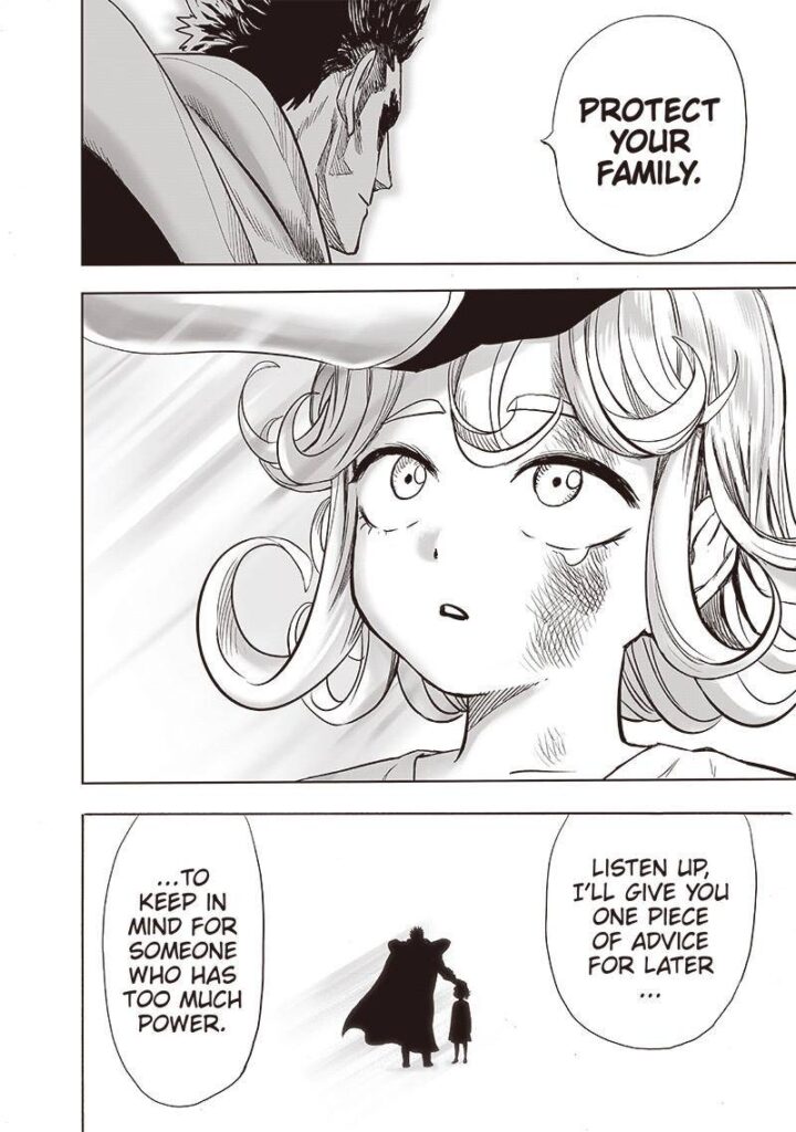 Tatsumaki stops crying after Blast puts his hand on her head to console her.