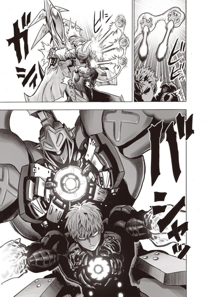 Drive Knight covers Genos against an attack as they both grab onto Jet Psykos.