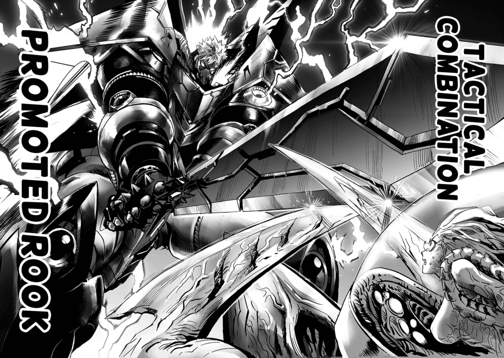 Genos and Drive Knight's new form is called Tactical Combination: Promoted Rook. They attack Jet Psykos.