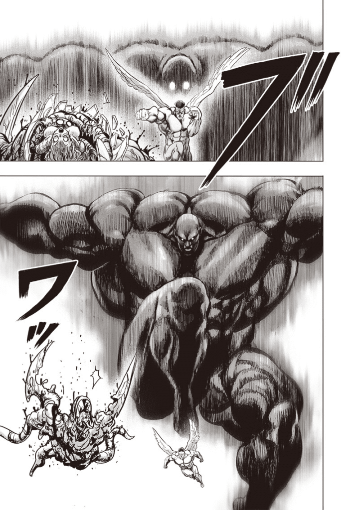 Behind Puri-Puri Prisoner, Darkshine shows up with his huge, muscular body and a dark aura.