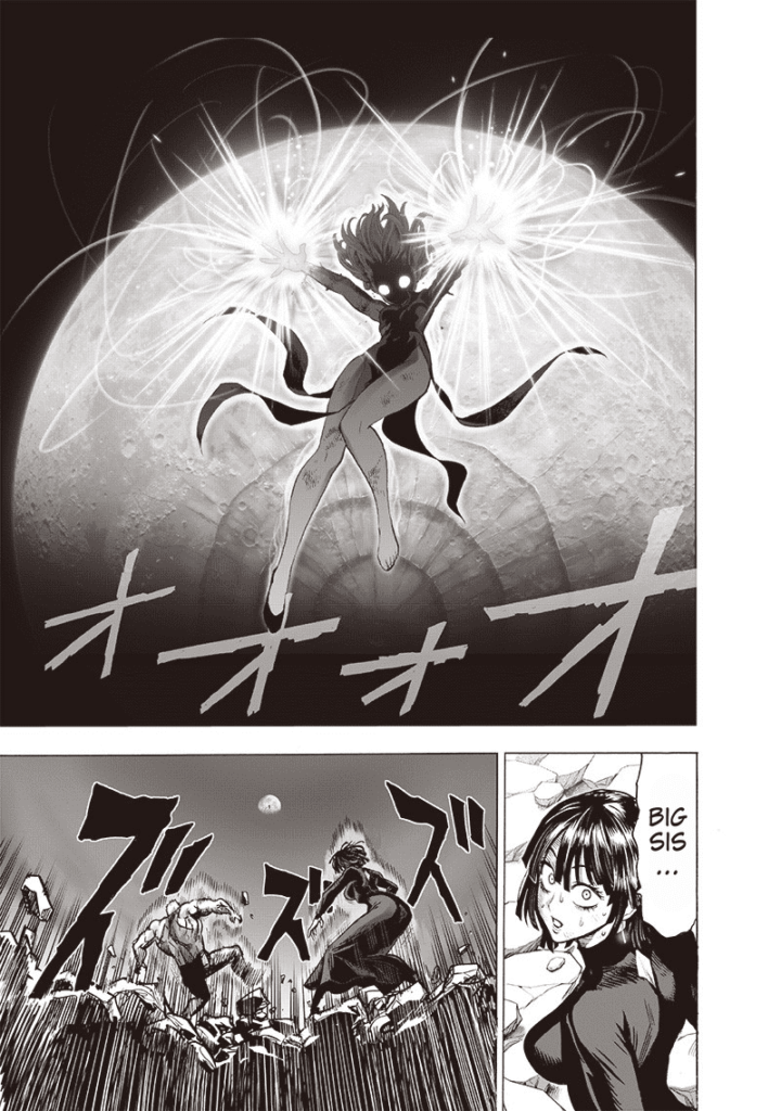 Fubuki looks up as the ground violently shakes. She sees Tatsumaki powering up with the moon behind her.