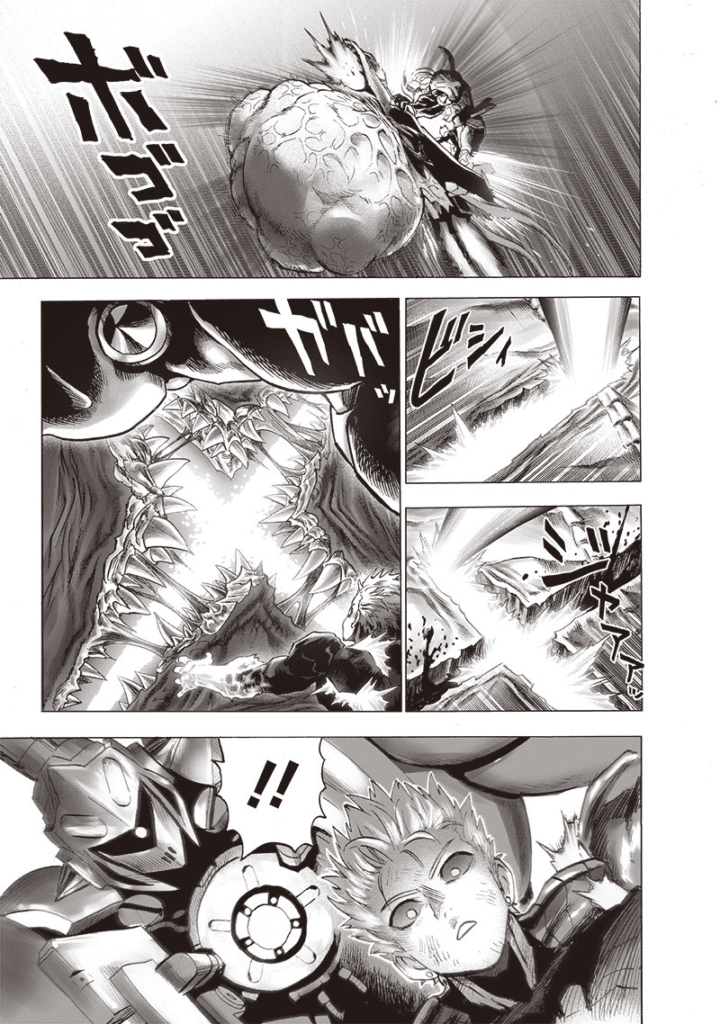 Jet Psykos's underside is bloated. Genos looks surprised after seeing a glowing mouth opening up in front of them.