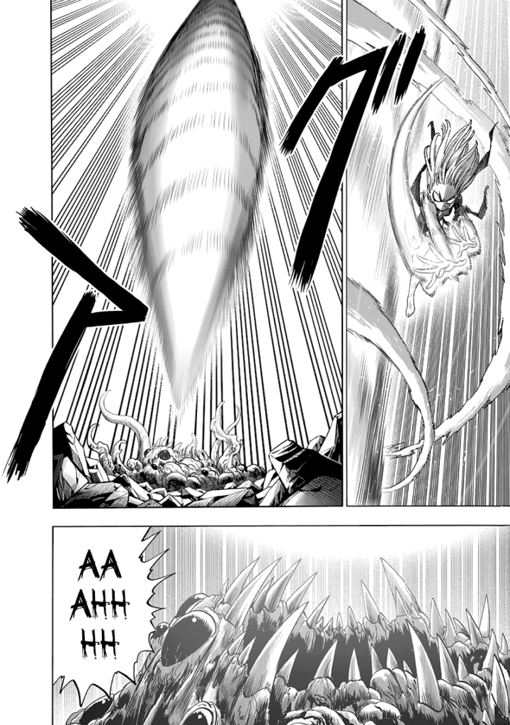 Back at Tatsumaki, she throws the giant, glowing, spinning spear at Orochi below.