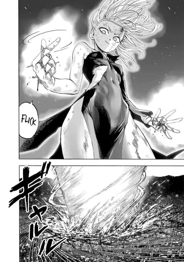 Tatsumaki flicks her finger, and the giant spear starts rotating while penetrating downward.