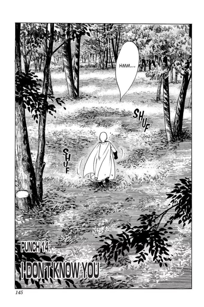 Saitama is casually walking in the middle of the forest.