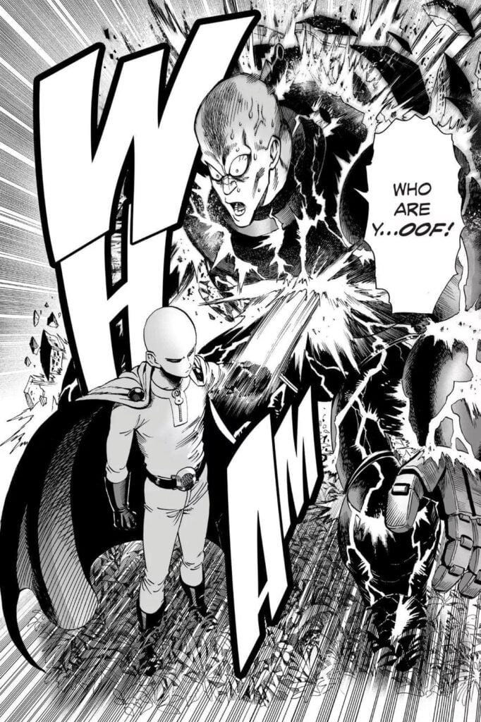 Saitama destroys Hammerhead's suit with just one punch.