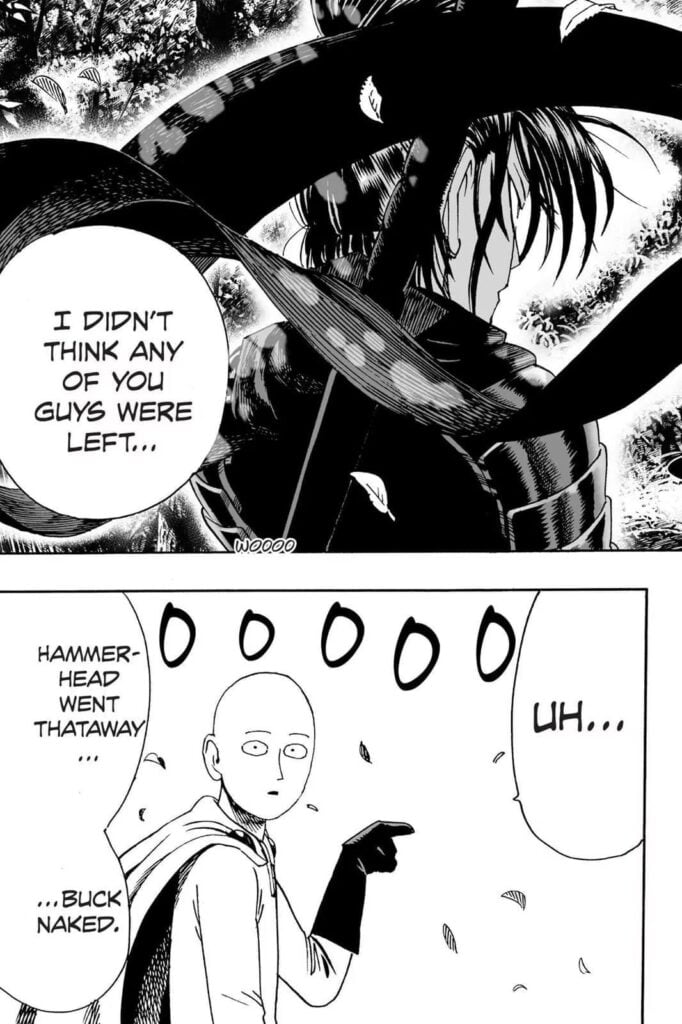 Saitama points to where Hammerhead went but Speed-O-Sound Sonic thinks Saitama is part of the Paradisers.