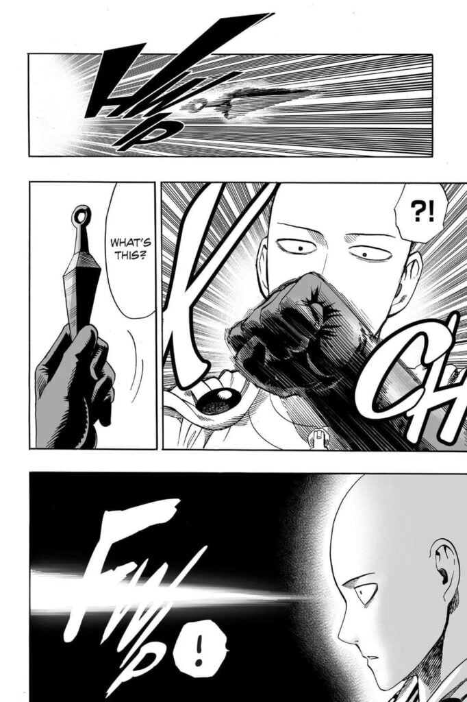 Saitama catches a kunai thrown at him.