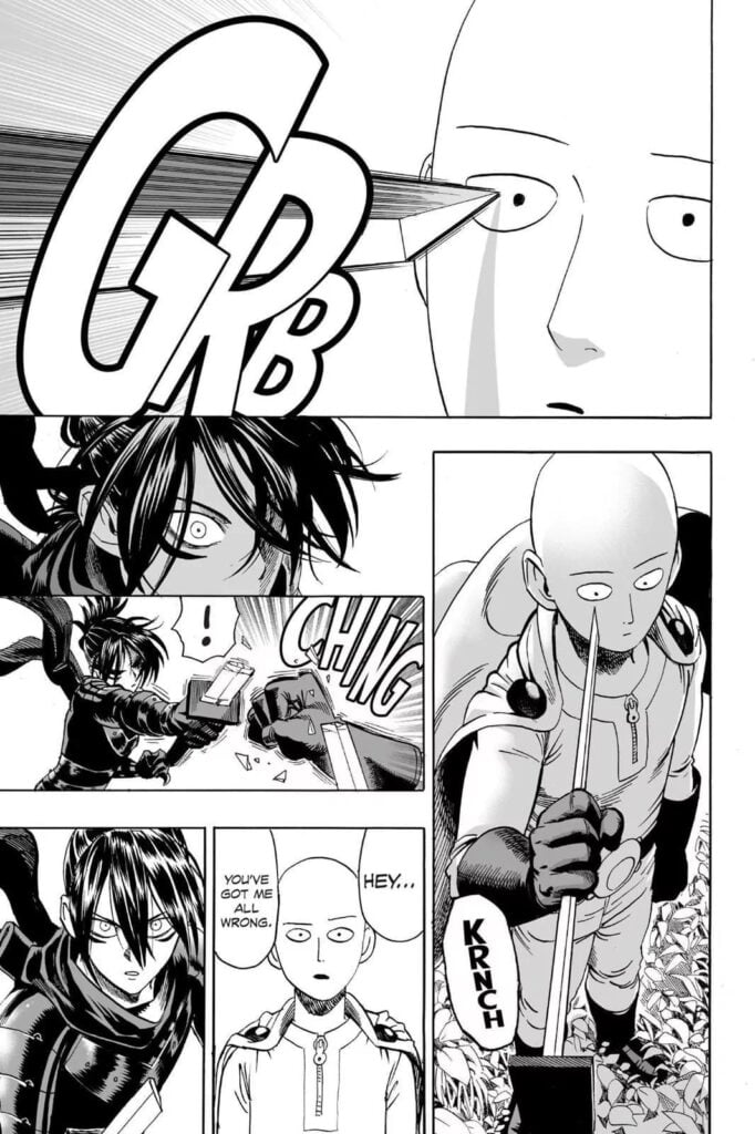 Saitama catches Sonic's blade while attacking and breaks it.