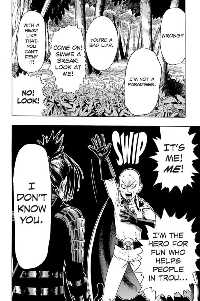 Saitama looks frustrated as he convinces Sonic he's not part of the Paradisers.