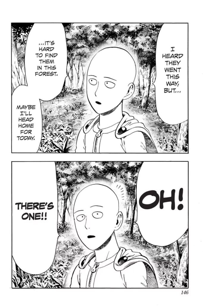 Saitama wandered around the forest with his egg-shaped bald head and unserious looks.