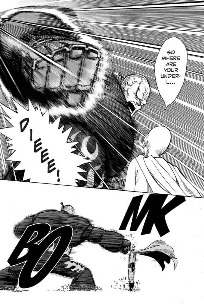 Hammerhead punches Saitama in the face but with no effect.