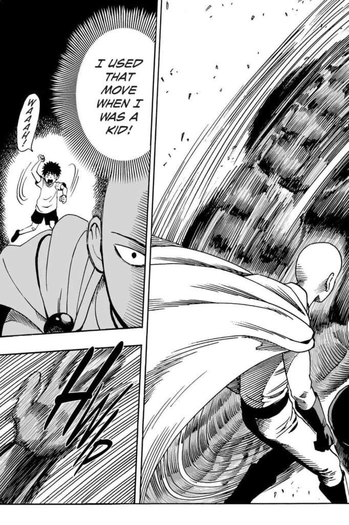 Saitama dodges the spin attack of Hammerhead.