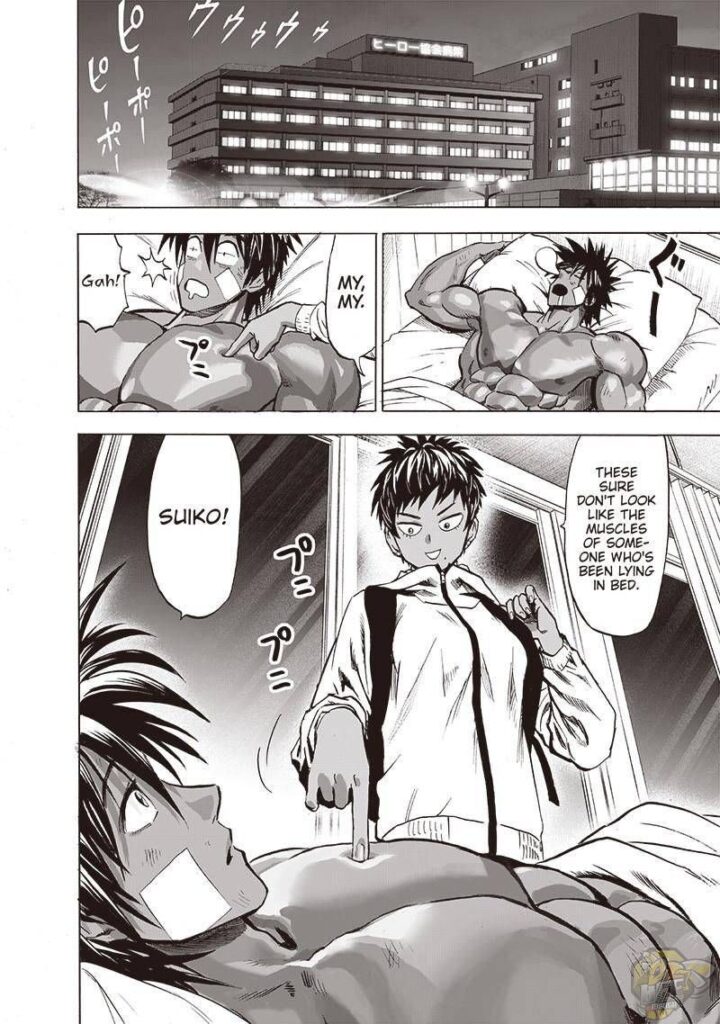 At the hospital, Suiryu suddenly wakes up after Suiko pokes his chest muscles.