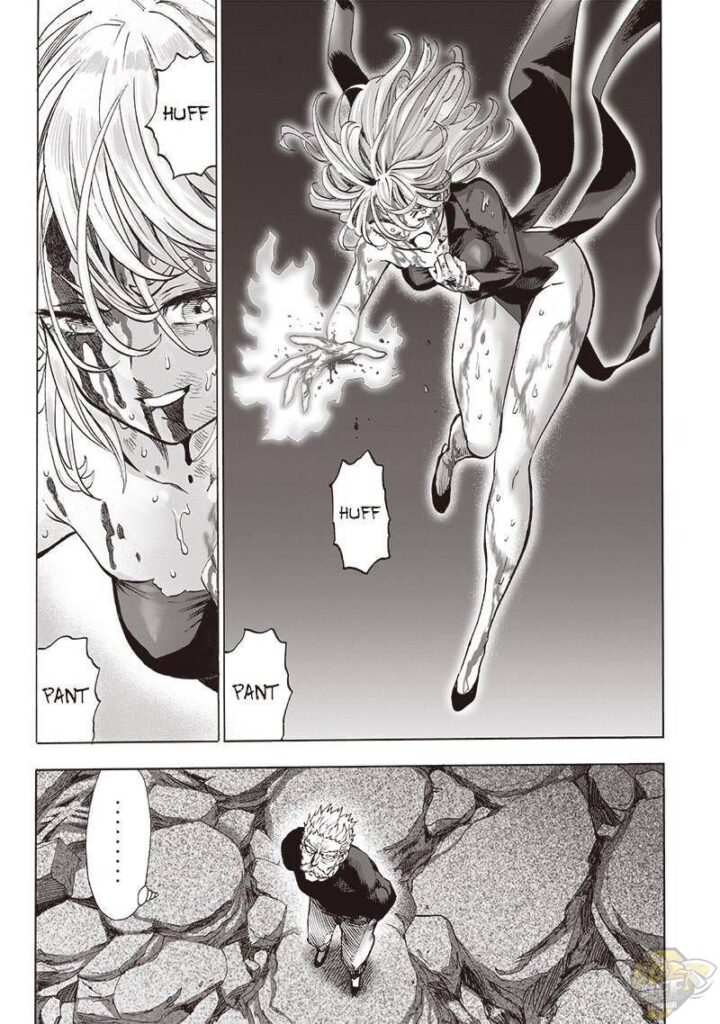 Tatsumaki is panting while glowing, sweating, and covered in blood. Bang looks at her from below.