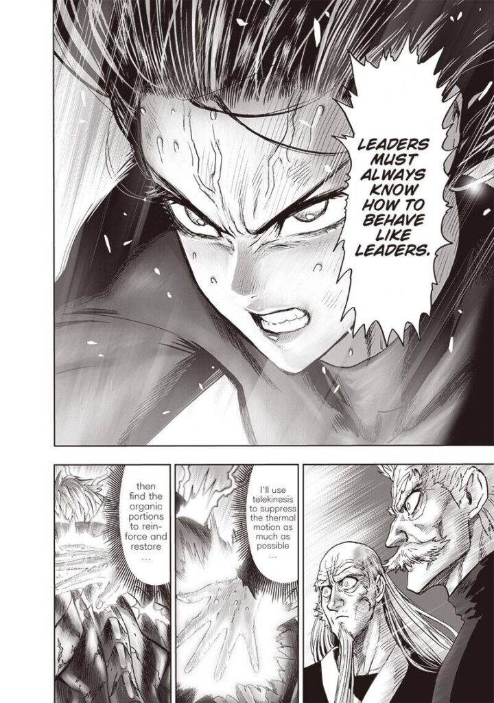 With a veiny forehead, Fubuki seriously applies psychics to save and restore Genos' unstable body.