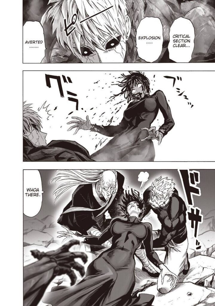 Genos realizes his critical section is over. Fubuki coughs blood and falls down, with Bang and Bomb catching her.