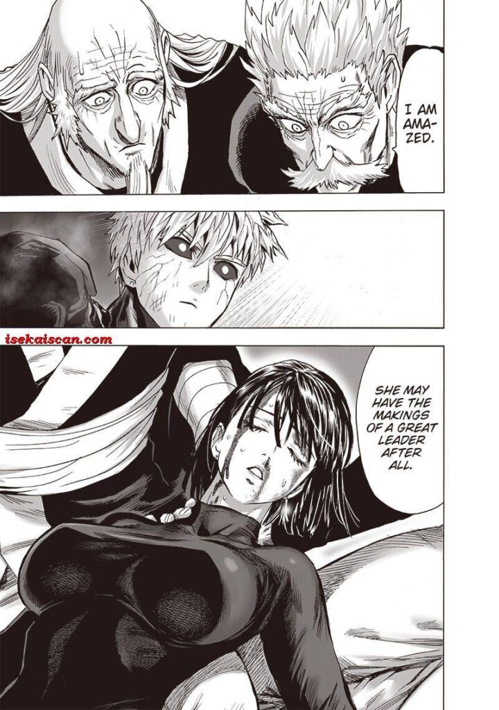 Bang, Bomb, and Genos are surprised at what Fubuki did. She lays down unconscious.