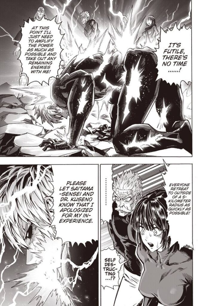 Lightning and power continue coming out of Genos, and he tells Bang, Bom, and Fubuki to keep away as he will self-destruct.