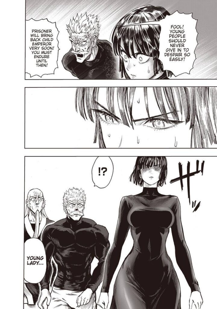 Fubuki walks towards Genos, leaving Bang and Bomb wandering behind her.