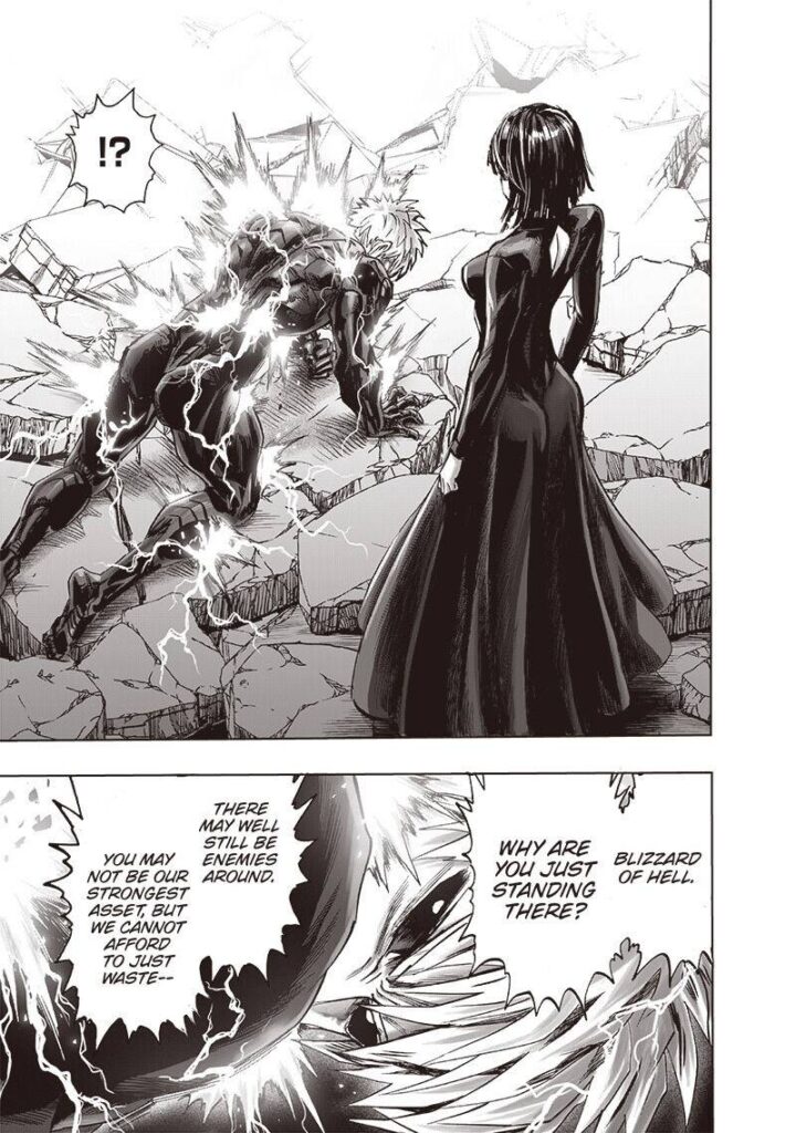 Fubuki stands beside Genos, who is still unstable and kneeling with both hands on the ground.